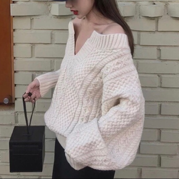 Sweater cable knit twist chunky khaki cream thick long sleeve winter v-neck - Picture 7 of 9